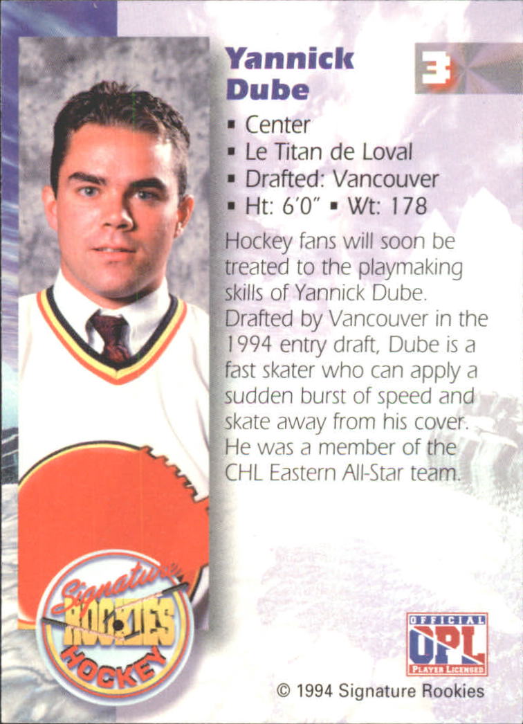 1995 Signature Rookies #3 Yanick Dube UER back image