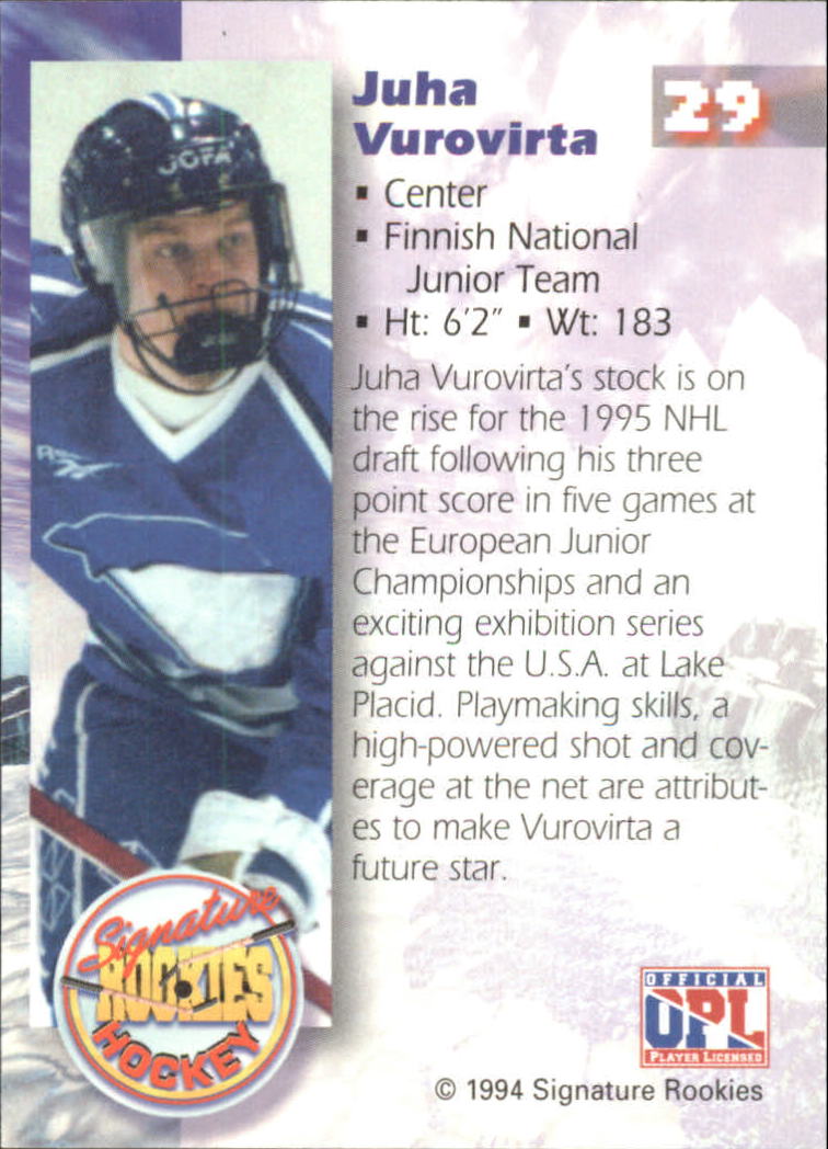 1995 Signature Rookies #29 Juha Vuorivirta UER/name misspelled Vurovirta back image