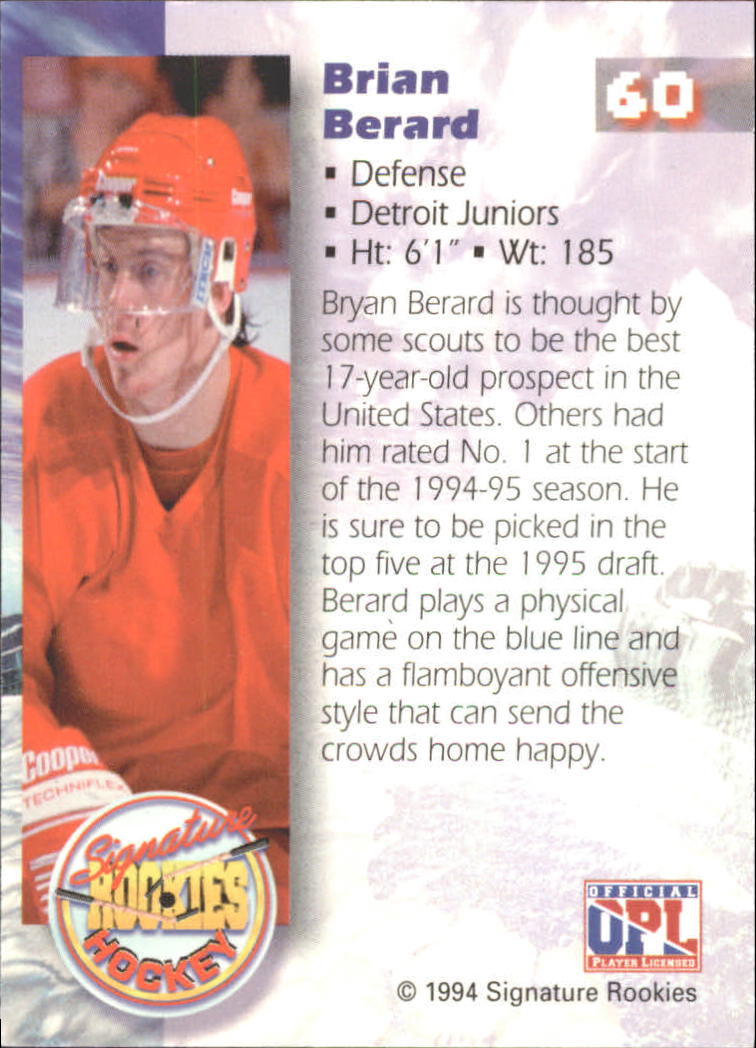 1995 Signature Rookies #60 Bryan Berard UER/(Name misspelled/Brian on front) back image