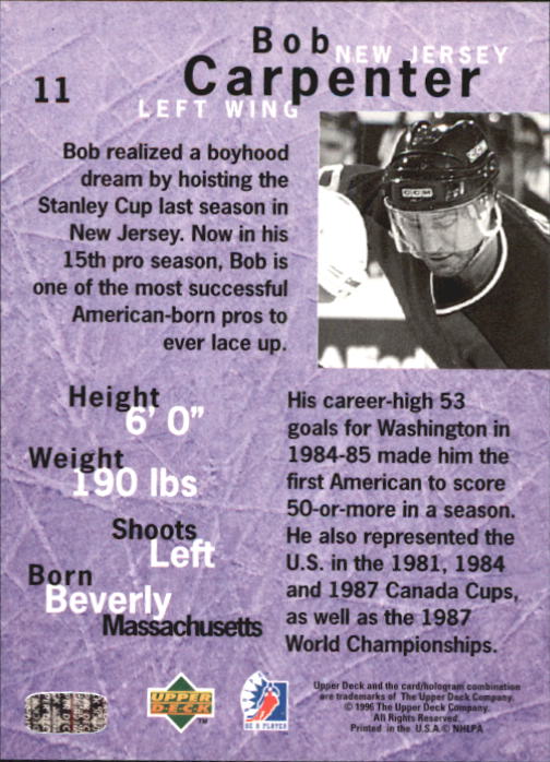 1995-96 Be A Player #11 Bob Carpenter back image