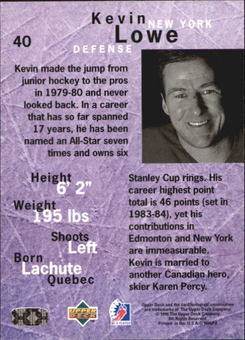 1995-96 Be A Player #40 Kevin Lowe back image