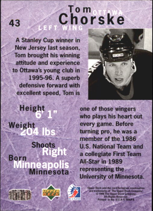 1995-96 Be A Player #43 Tom Chorske back image