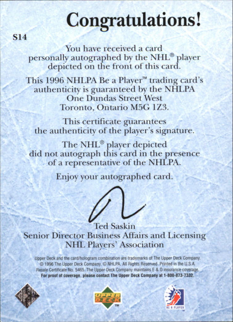 1995-96 Be A Player Autographs #S14 Craig Muni back image
