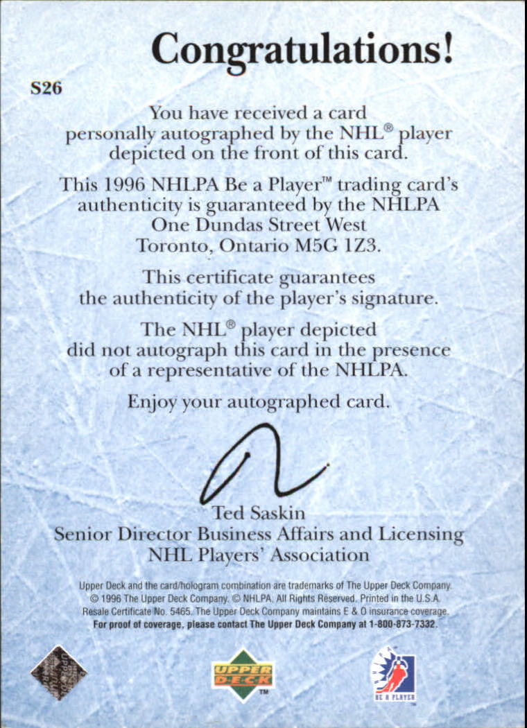 1995-96 Be A Player Autographs #S26 Bob Sweeney back image