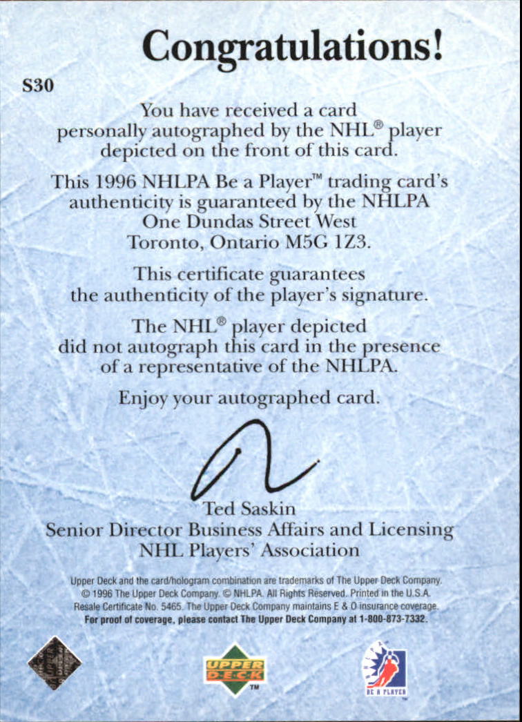 1995-96 Be A Player Autographs #S30 Andrew Cassels back image