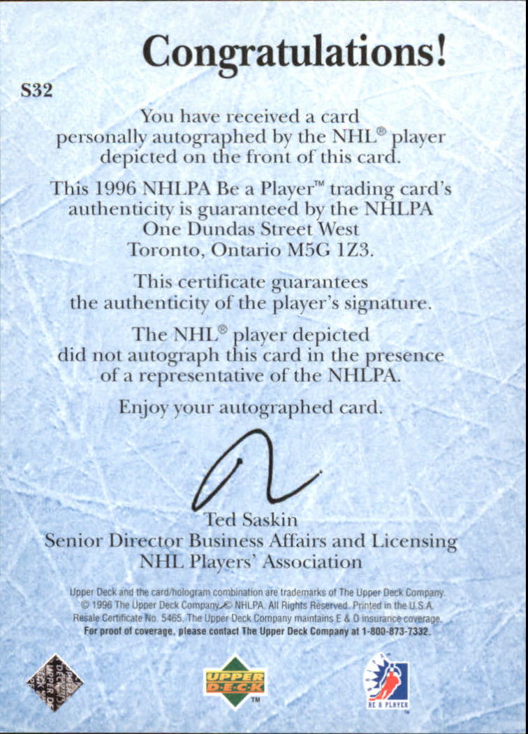 1995-96 Be A Player Autographs #S32 Brian Bellows back image