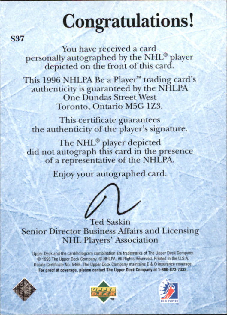 1995-96 Be A Player Autographs #S37 Randy Ladouceur back image
