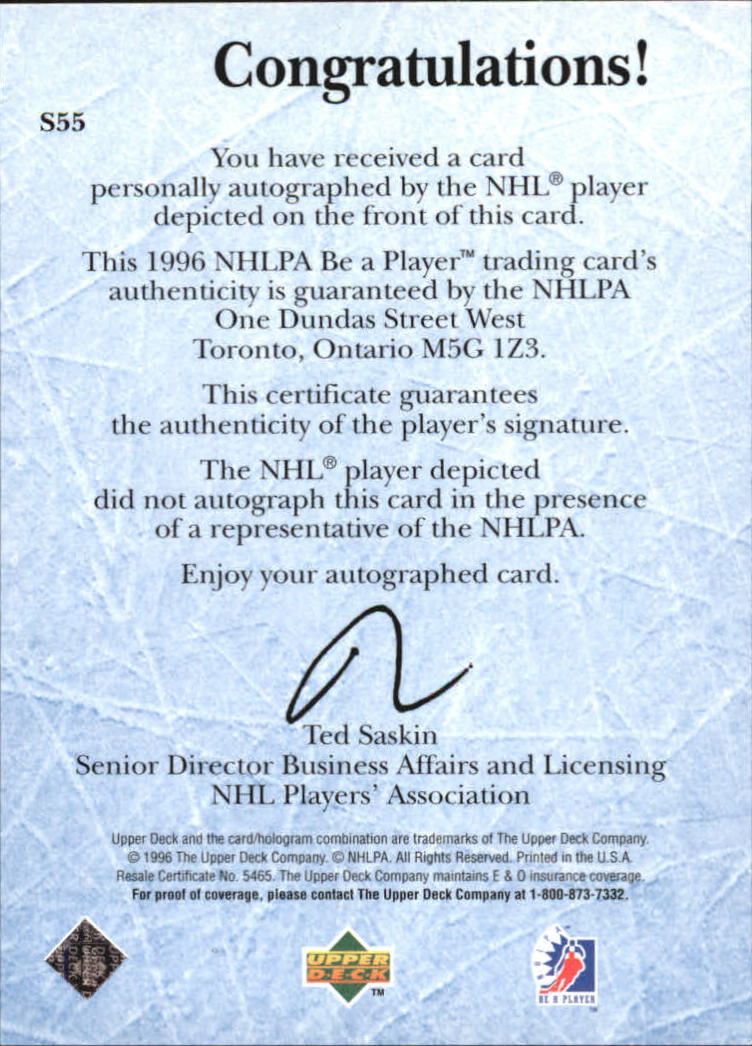 1995-96 Be A Player Autographs #S55 Wendel Clark back image