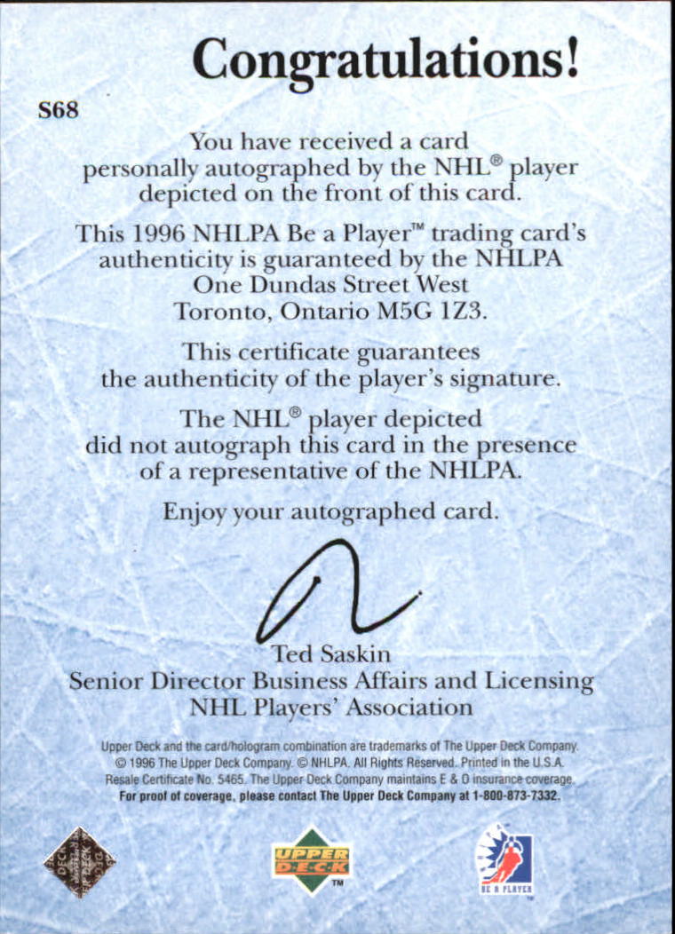 1995-96 Be A Player Autographs #S68 Teppo Numminen back image