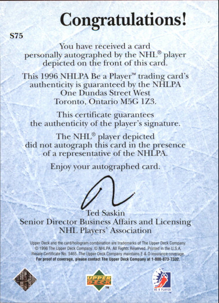 1995-96 Be A Player Autographs #S75 Karl Dykhuis back image