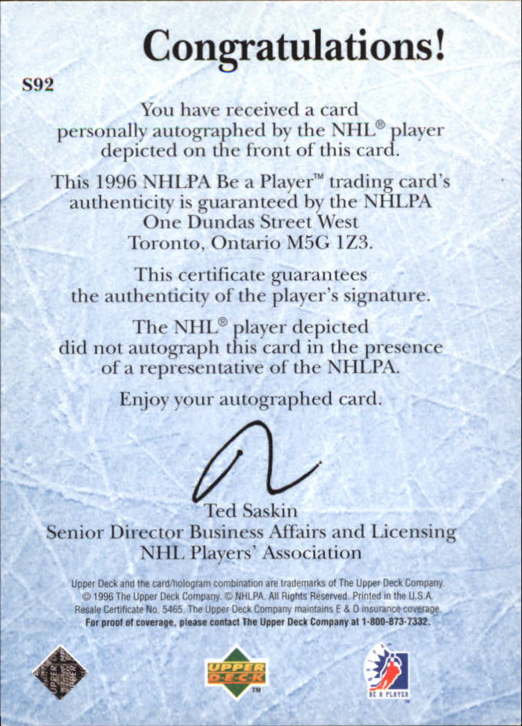 1995-96 Be A Player Autographs #S92 Pat Conacher back image