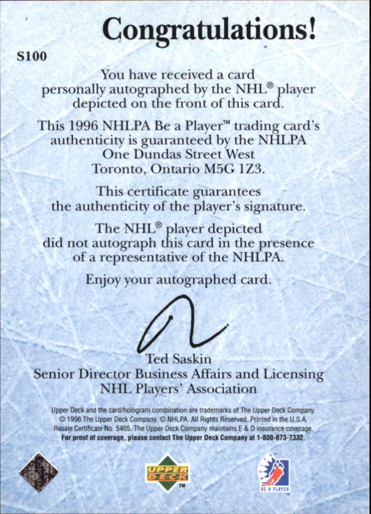1995-96 Be A Player Autographs #S100 Brent Fedyk back image