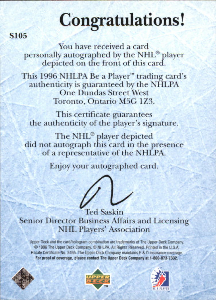 1995-96 Be A Player Autographs #S105 Rob Dimaio back image