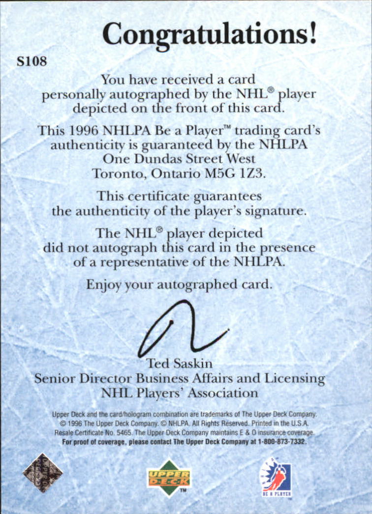 1995-96 Be A Player Autographs #S108 Zarley Zalapski back image