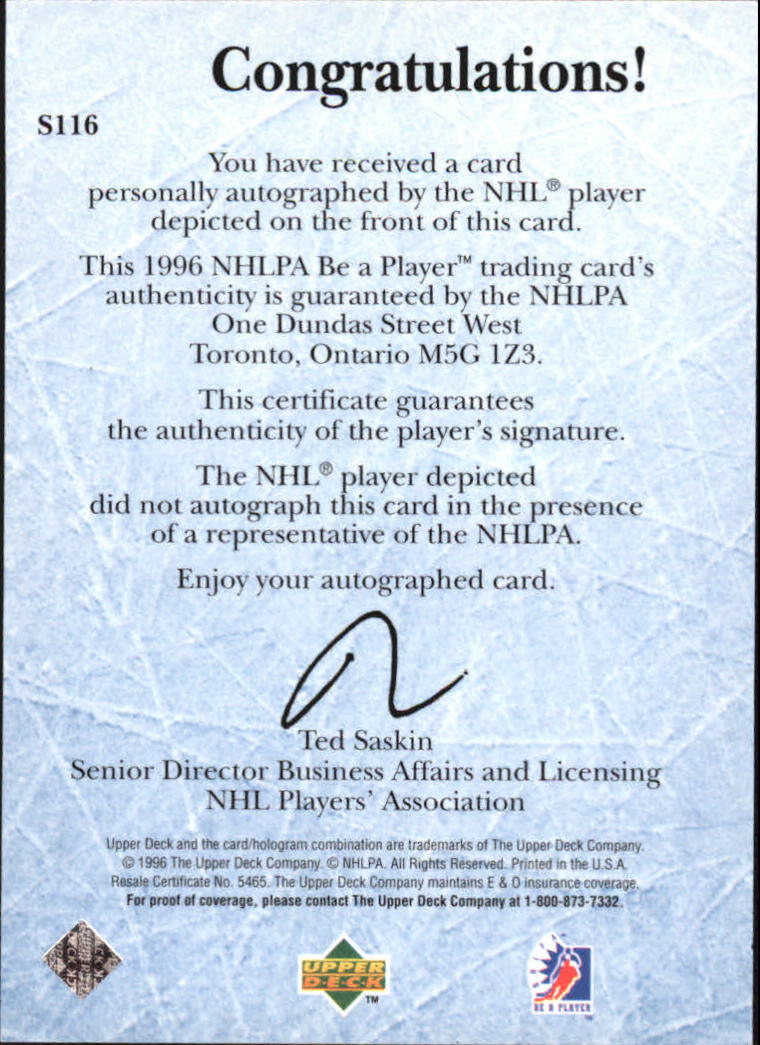 1995-96 Be A Player Autographs #S116 Glen Wesley back image