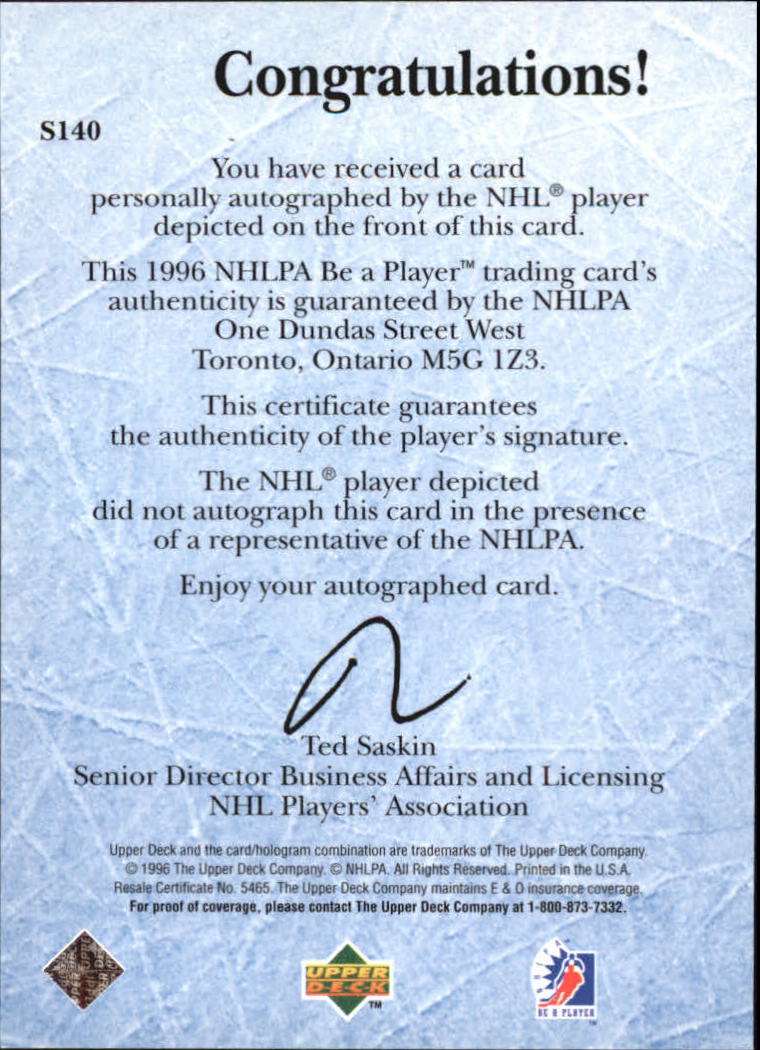 1995-96 Be A Player Autographs #S140 Brent Sutter back image