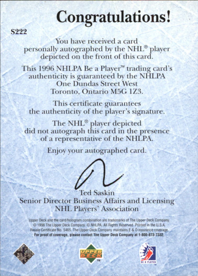 1995-96 Be A Player Autographs #S222 Gino Odjick back image