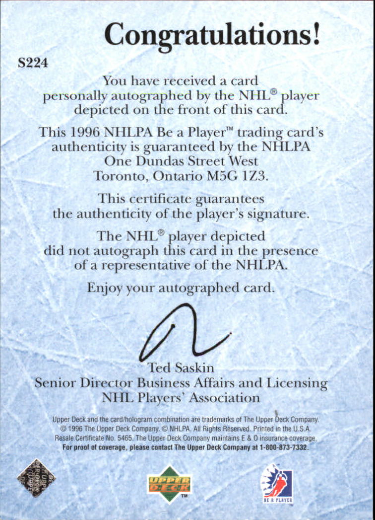1995-96 Be A Player Autographs #S224 Stu Grimson back image