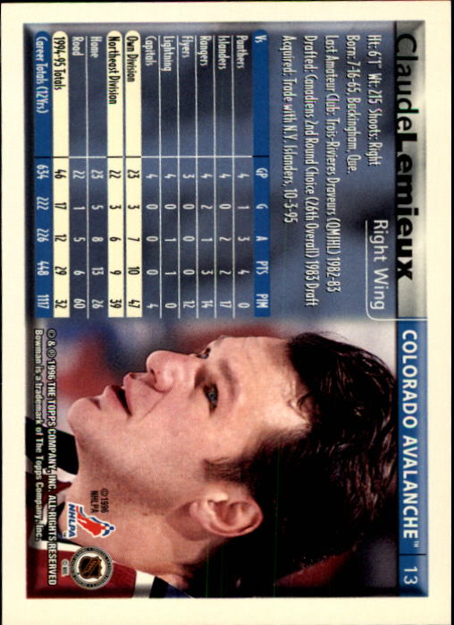 1995-96 Bowman #13 Claude Lemieux back image