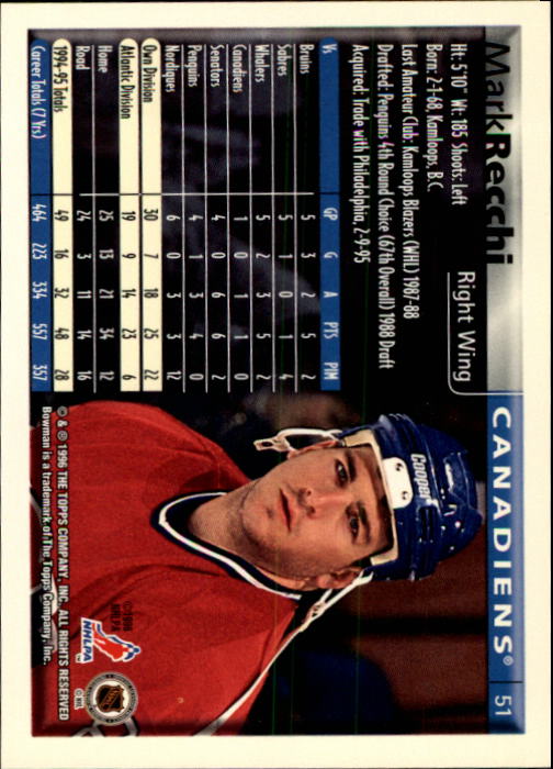 1995-96 Bowman #51 Mark Recchi back image