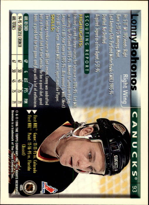 1995-96 Bowman #93 Lonny Bohonos RC back image