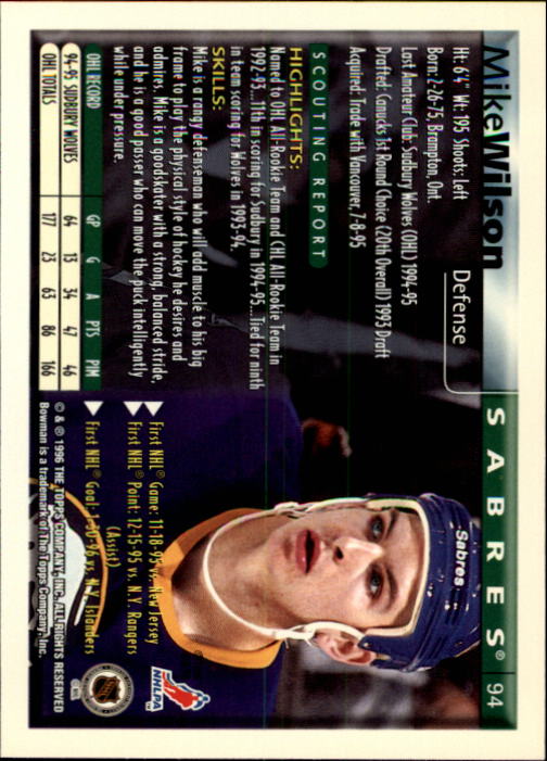 1995-96 Bowman #94 Mike Wilson RC back image
