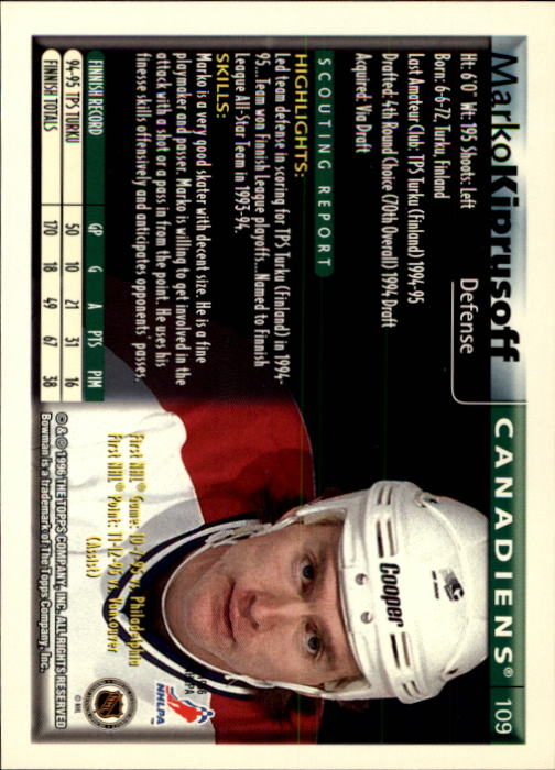 1995-96 Bowman #109 Marko Kiprusoff back image