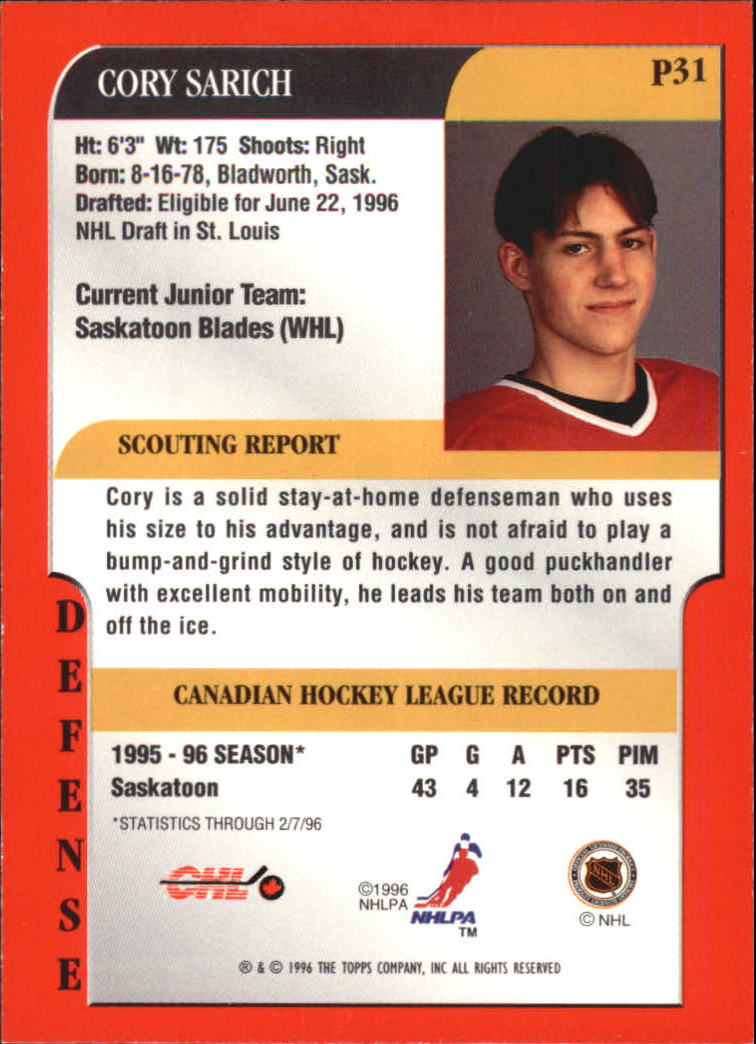 1995-96 Bowman Draft Prospects #P31 Cory Sarich back image