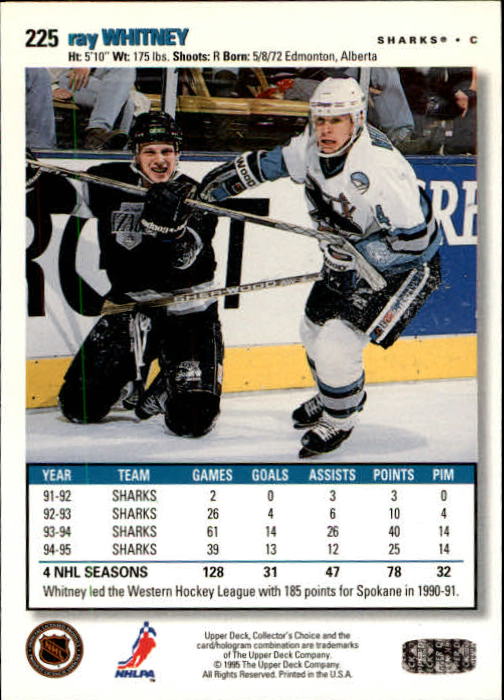 1995-96 Collector's Choice #225 Ray Whitney back image