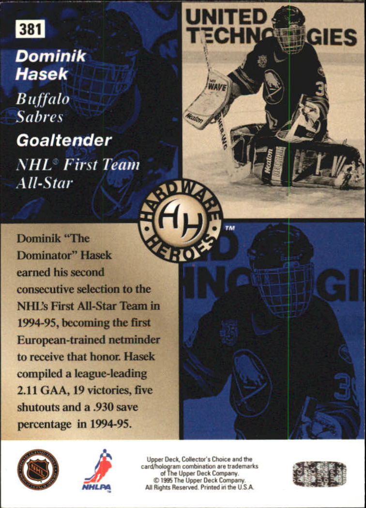 1995-96 Collector's Choice Player's Club #381 Dominik Hasek HH back image