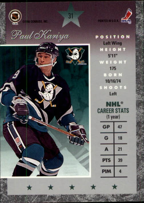 1995-96 Donruss Elite #31 Paul Kariya back image