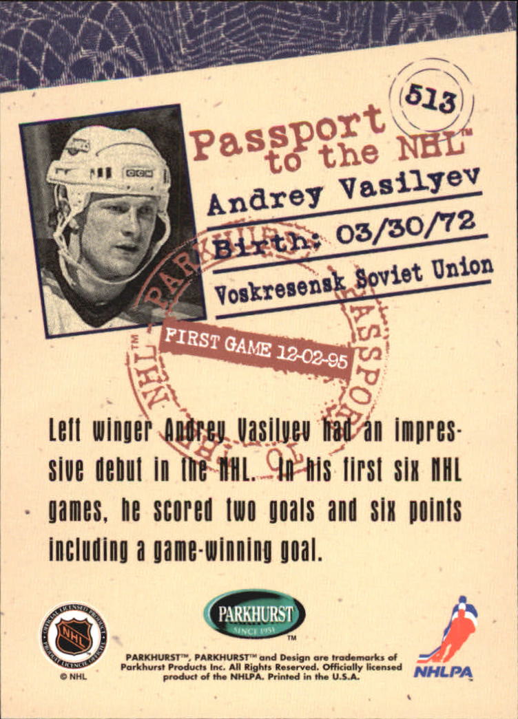 1995-96 Parkhurst International #513 Andrei Vasilyev PN back image
