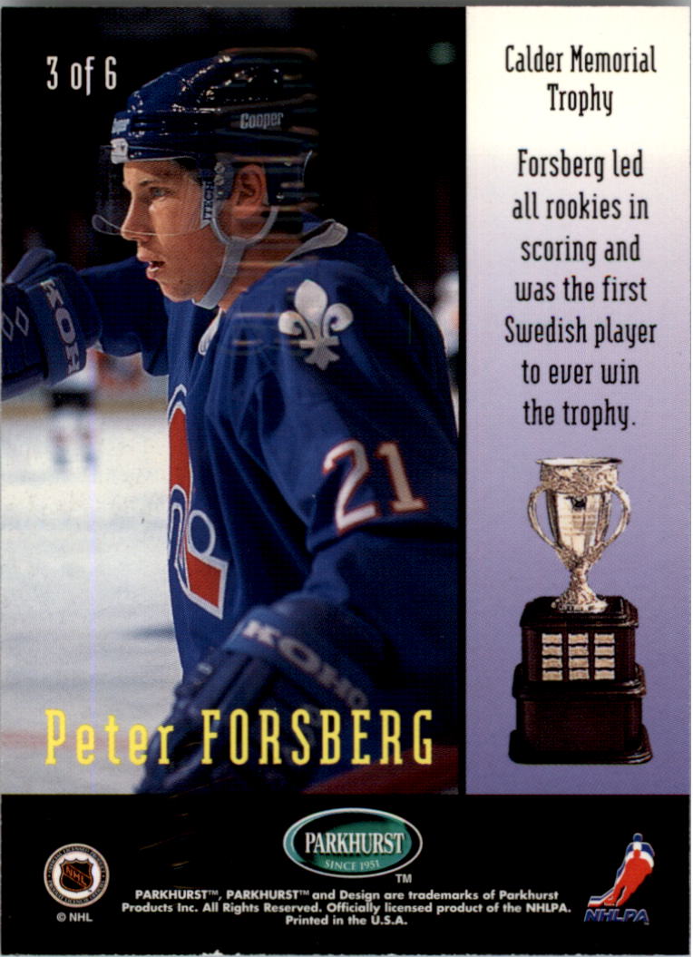 1995-96 Parkhurst International Trophy Winners #3 Peter Forsberg back image
