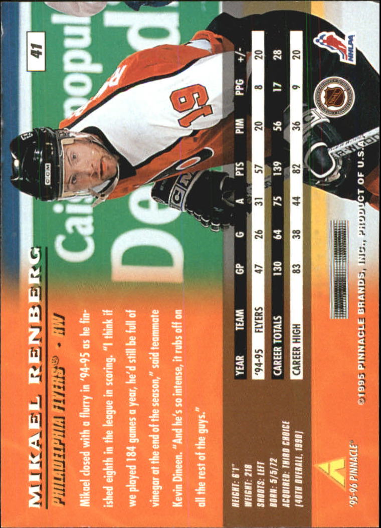 1995-96 Pinnacle #41 Mikael Renberg back image