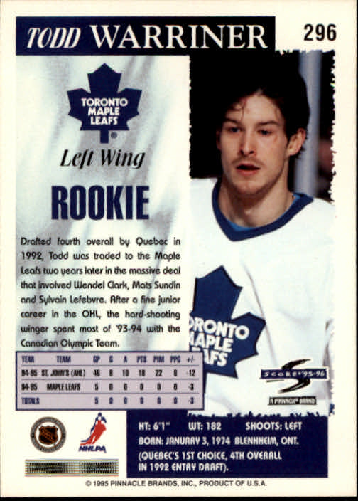 1995-96 Score #296 Todd Warriner back image