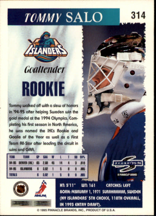1995-96 Score #314 Tommy Salo RC back image