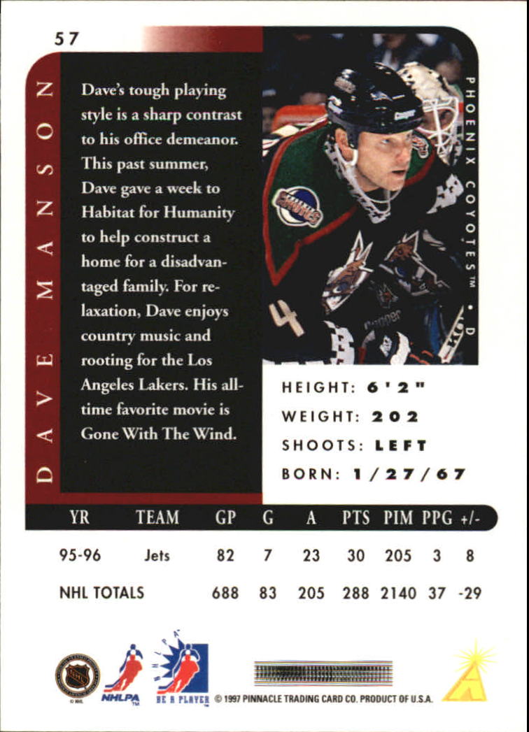 1996-97 Be A Player #57 Dave Manson back image