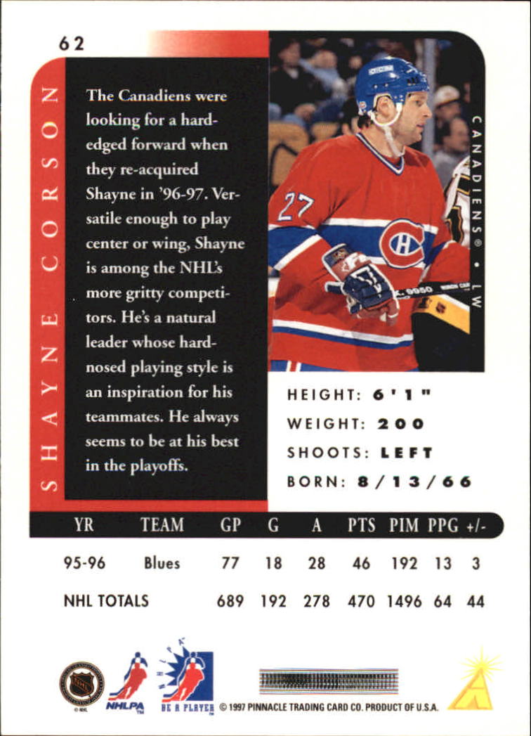 1996-97 Be A Player #62 Shayne Corson back image