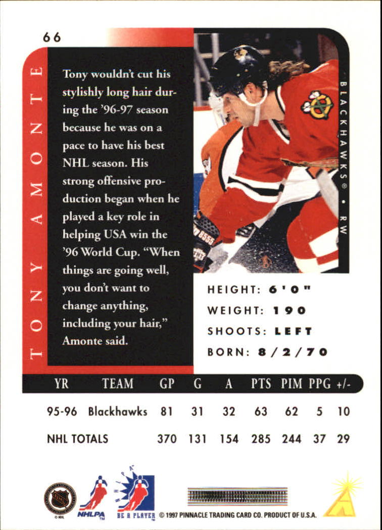 1996-97 Be A Player #66 Tony Amonte back image