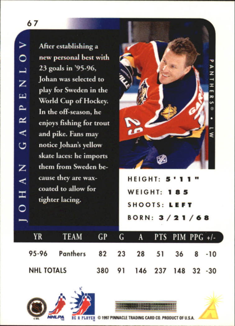 1996-97 Be A Player #67 Johan Garpenlov back image
