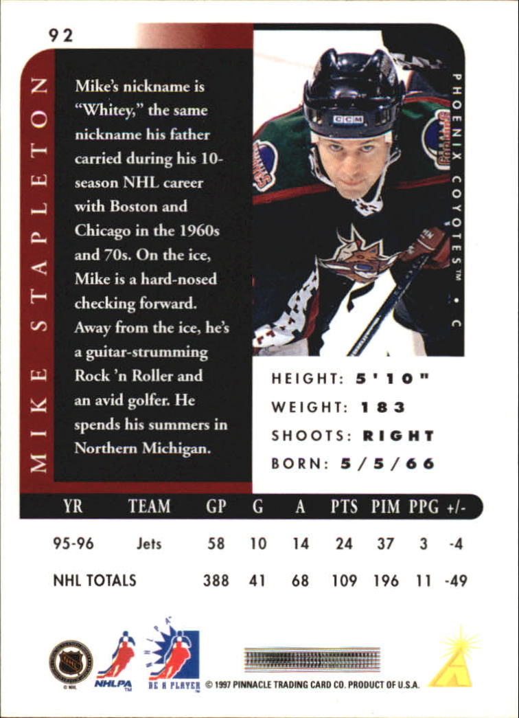 1996-97 Be A Player #92 Mike Stapleton back image