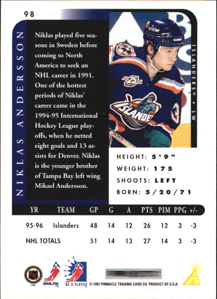 1996-97 Be A Player #98 Niklas Andersson back image