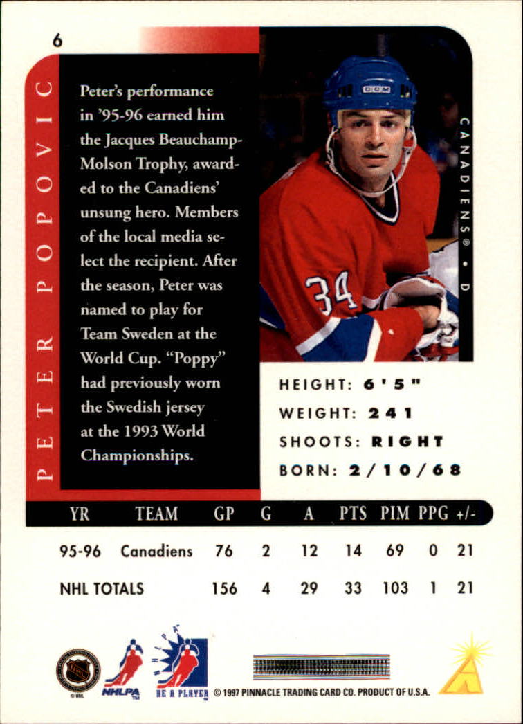 1996-97 Be A Player Autographs #6 Peter Popovic back image