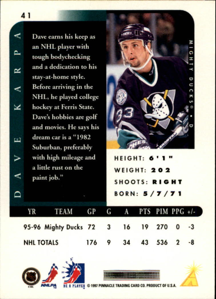 1996-97 Be A Player Autographs #41 Dave Karpa back image