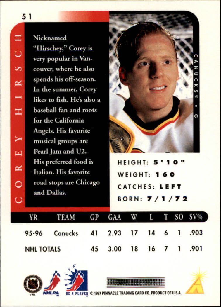 1996-97 Be A Player Autographs #51 Corey Hirsch back image