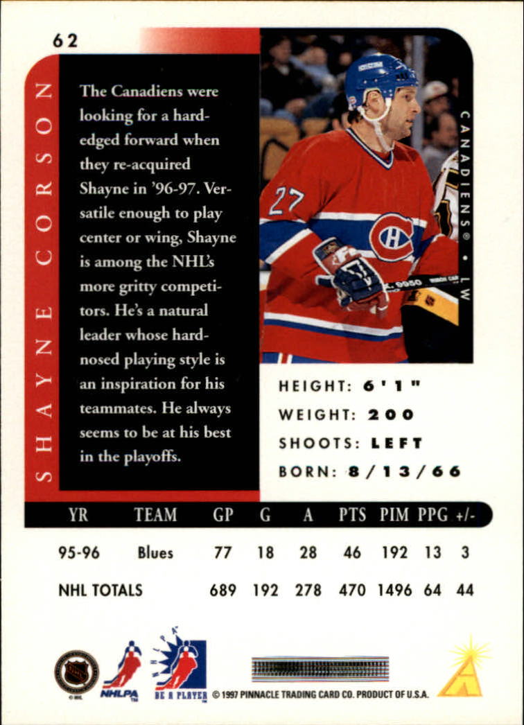 1996-97 Be A Player Autographs #62 Shayne Corson back image