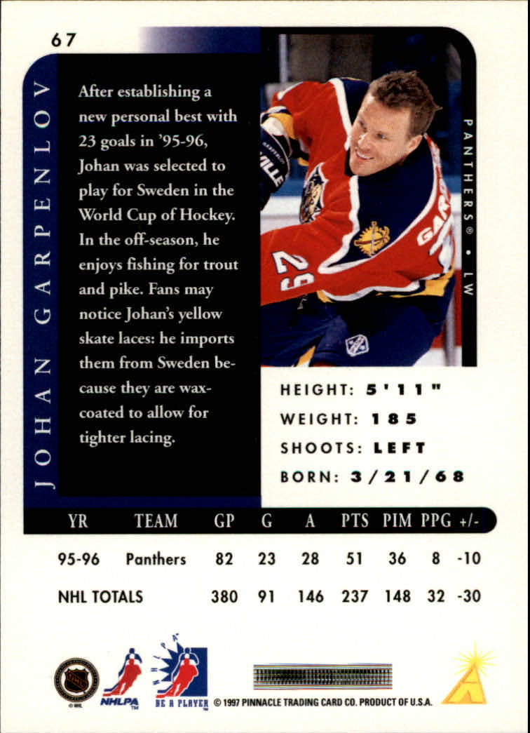 1996-97 Be A Player Autographs #67 Johan Garpenlov back image