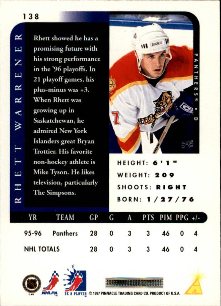 1996-97 Be A Player Autographs #138 Rhett Warrener back image