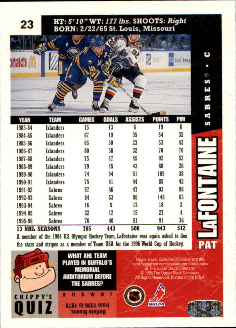 1996-97 Collector's Choice #23 Pat LaFontaine back image
