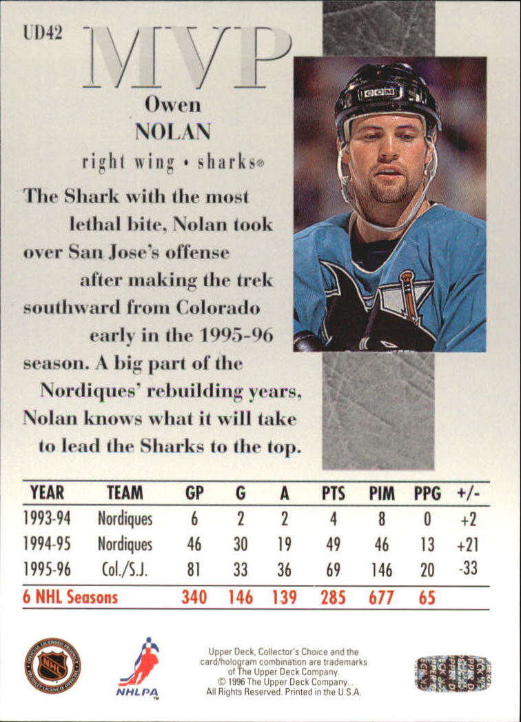 1996-97 Collector's Choice MVP #UD42 Owen Nolan back image